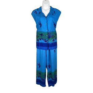 California Krush 3X Tropical 2-Piece Button Up Top Elastic Waist Pants  Vacation
